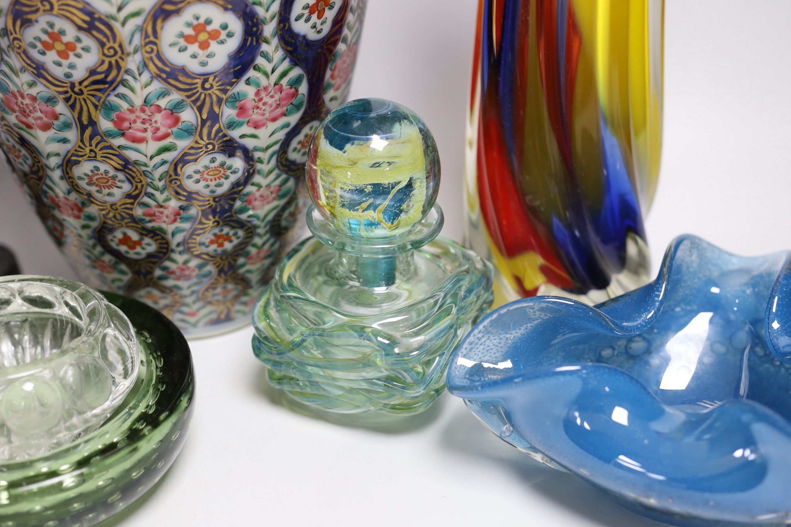 Various art glass bowls, a scent bottle and vase, a Continental ceramic vase and a Franklin mint horse (7)